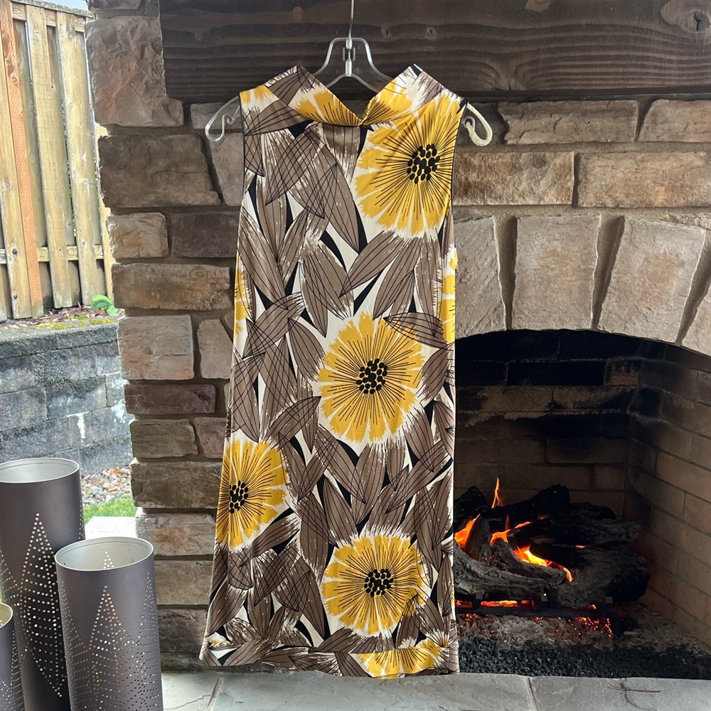 Yoana Baraschi Yellow and Brown Patterned 100% Silk Dress Medium - Picture 3 of 7